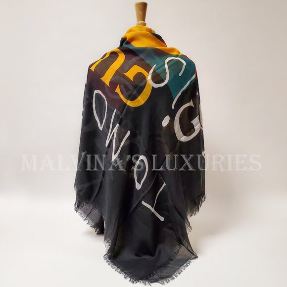 GUCCI SCARF COCO CAPITAN TOMORROW GG LOGO BLACK MODAL SILK SHAWL SQUARE 55" - Picture 6 of 15